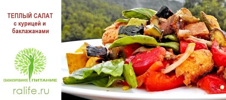 Тёплый салат с курицей и баклажанами